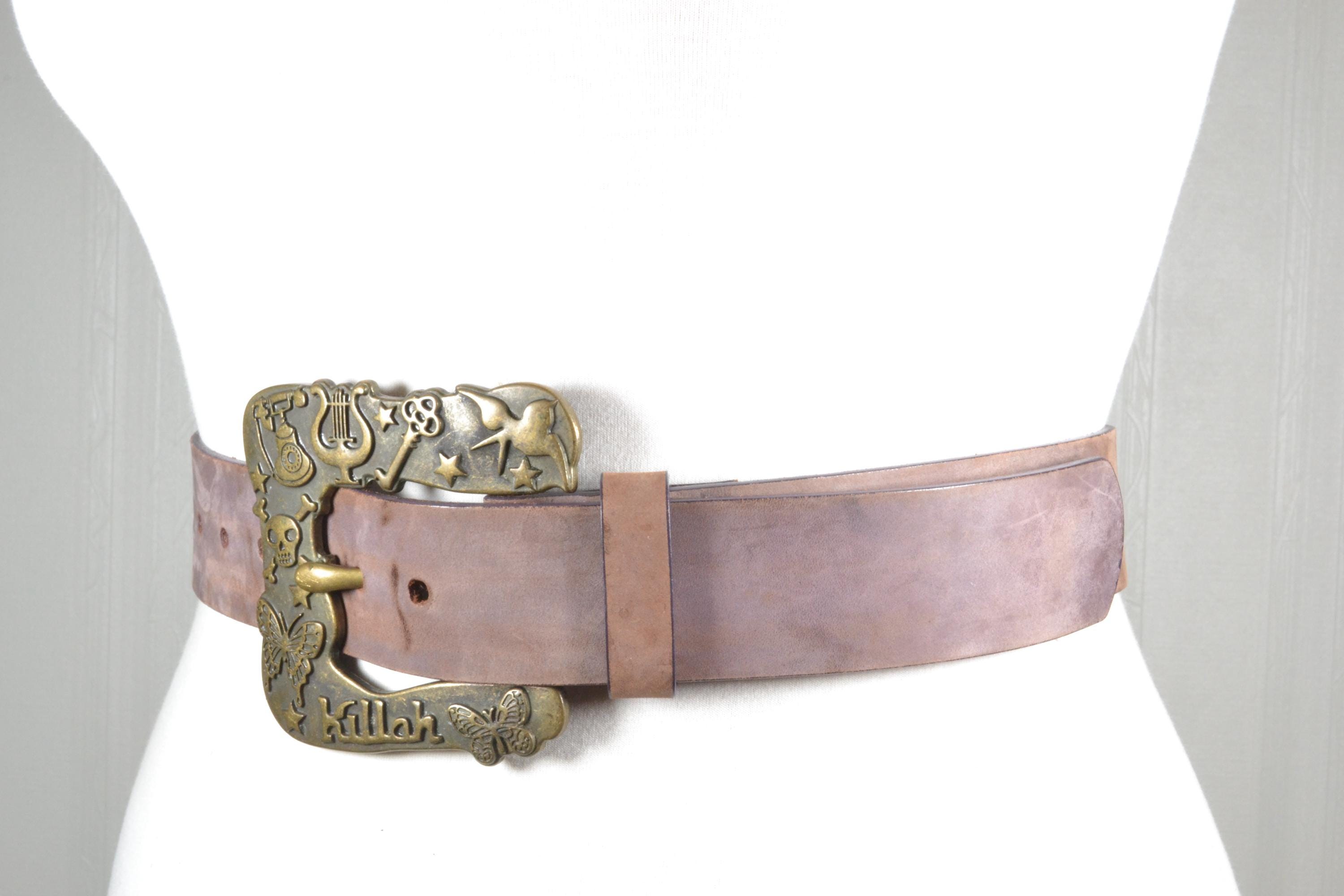 Vintage Mauve Leather Belt, Ornate Brass Killah Buckle, Y2K 