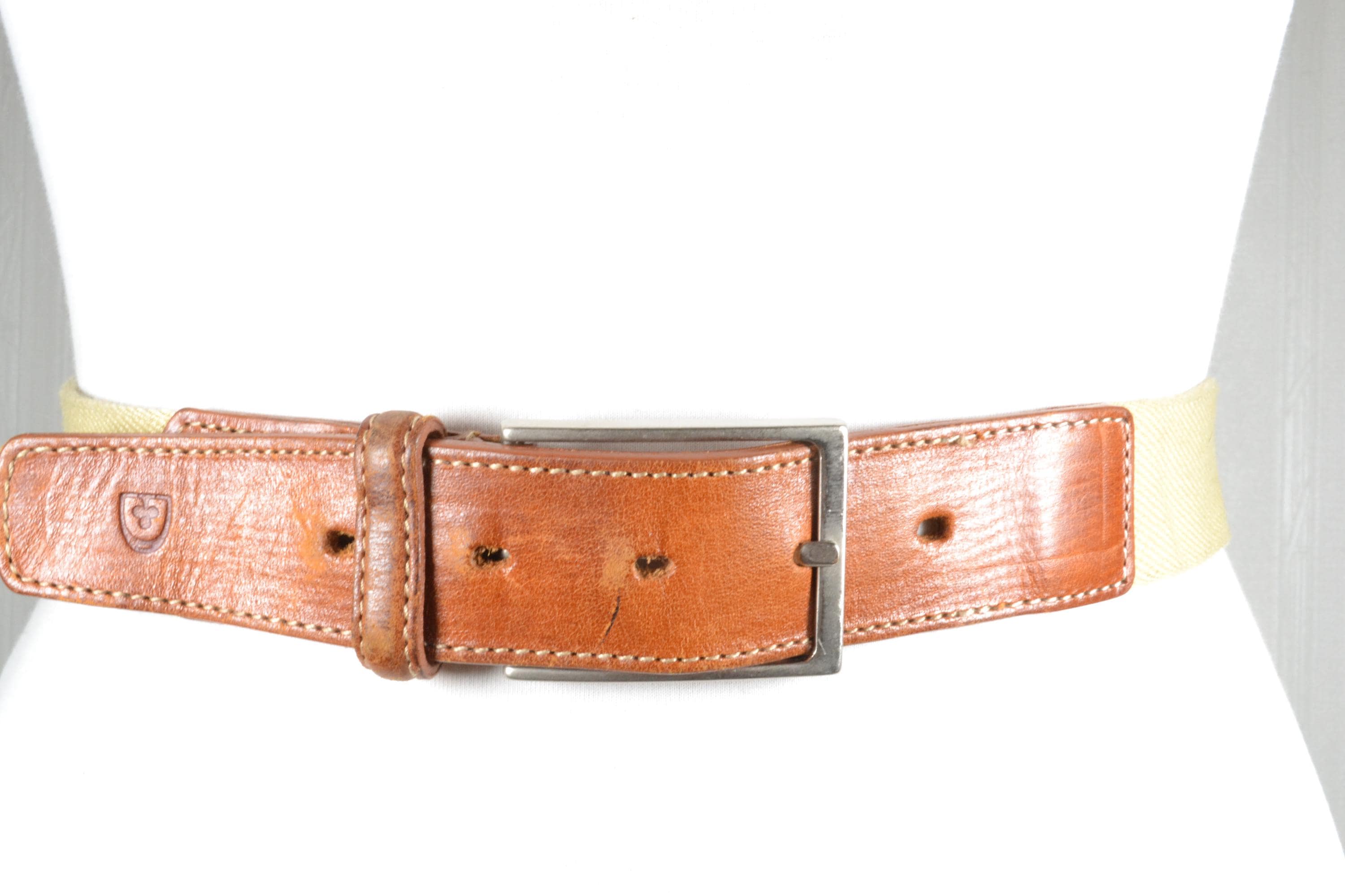 Vintage Beige Canvas Belt: Brown Leather Accents, Rustic 