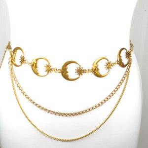 Gold Moon and Star Chain Belt, Celestial Waist Chain for Women, Drape Body Jewelry, Festival Boho Belt, Statement Belt, Metallic Chain Belt
