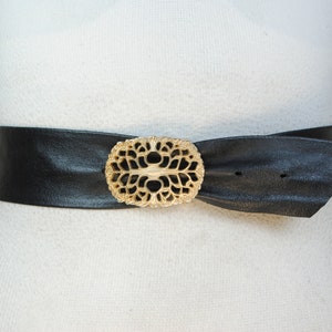 Black Soft Leather Belt with Gold Engraved Buckle, Elegant Art Nouveau & Art Deco Style Waist Belt for Women, Vintage Black Belt