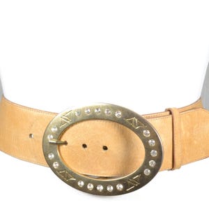 Tan Leather Wide Belt for Women with Large Gold Oval Buckle & Rhinestone Accents, Vintage 70s Western Boho Statement Waist Belt