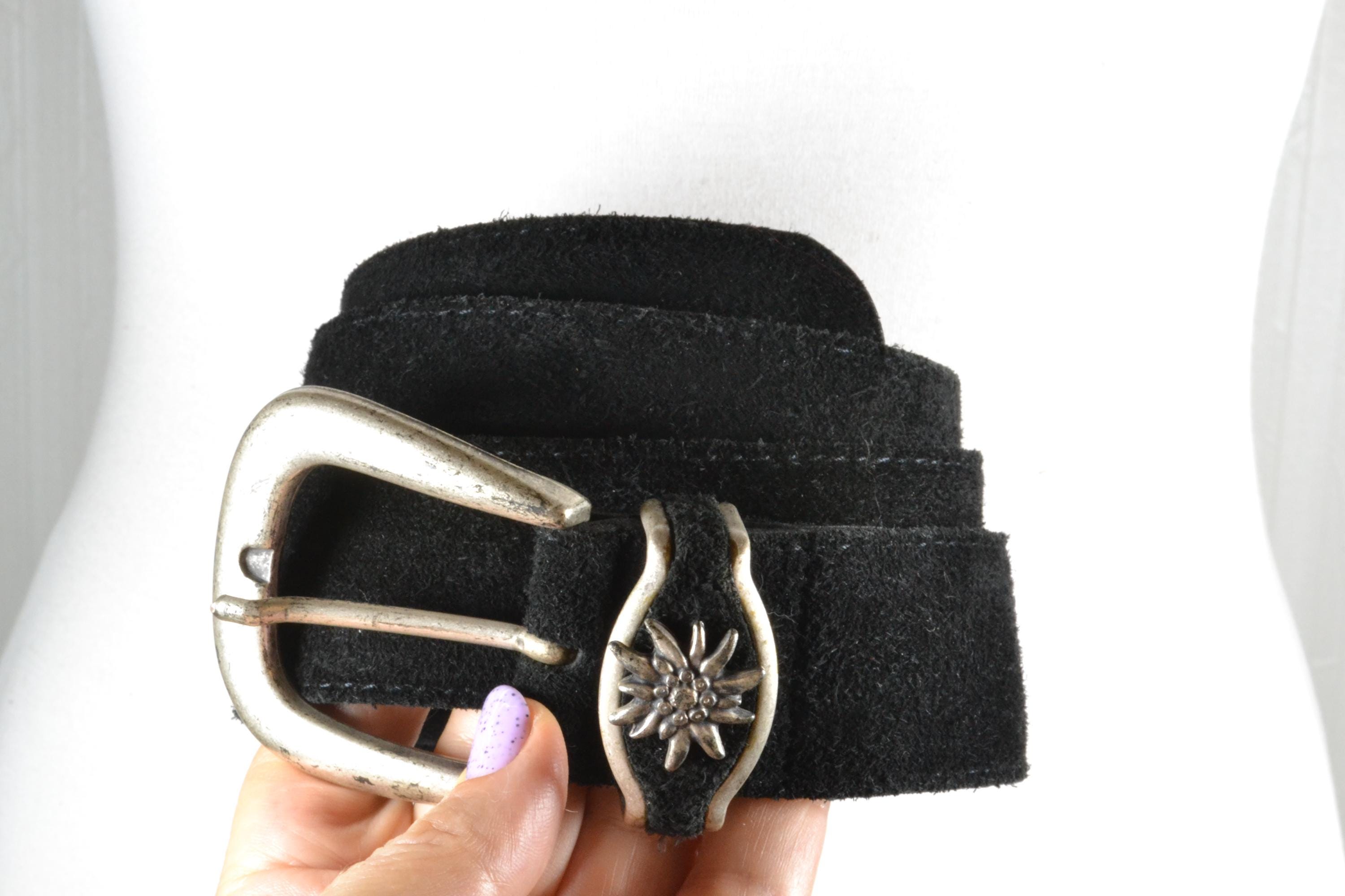 Vintage Black Suede Belt: Silver Buckle Flower Accent, Retro 