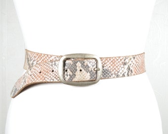 Vintage Snake Print Leather Belt: 1980s Silver Buckle, Exotic Glam