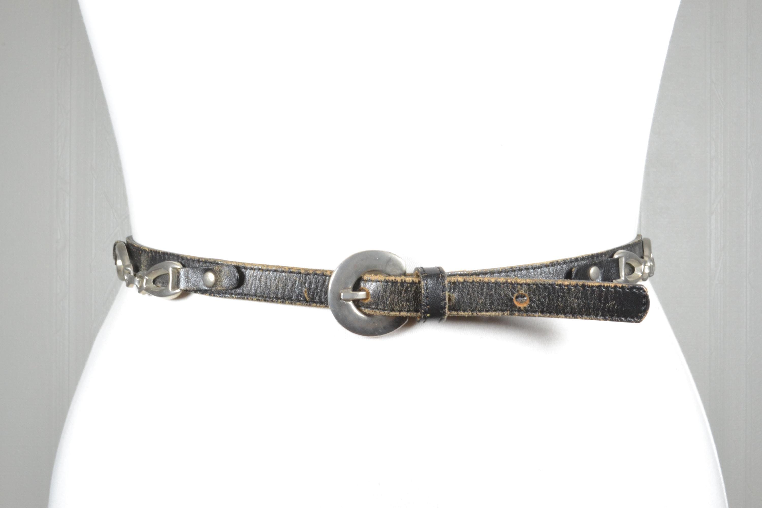 Vintage Skinny Black Leather Belt: Silver Buckle, Metal  display picture 1