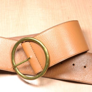 Wide Brown Leather Belt for Women, Vintage Brass Buckle Waist Belt, 70s Boho Chunky Leather Belt,  Hippie Belt, Round Buckle Statement Belt
