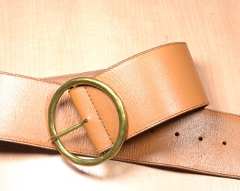 Wide Brown Leather Belt: Vintage Brass Buckle, 70s Boho Style