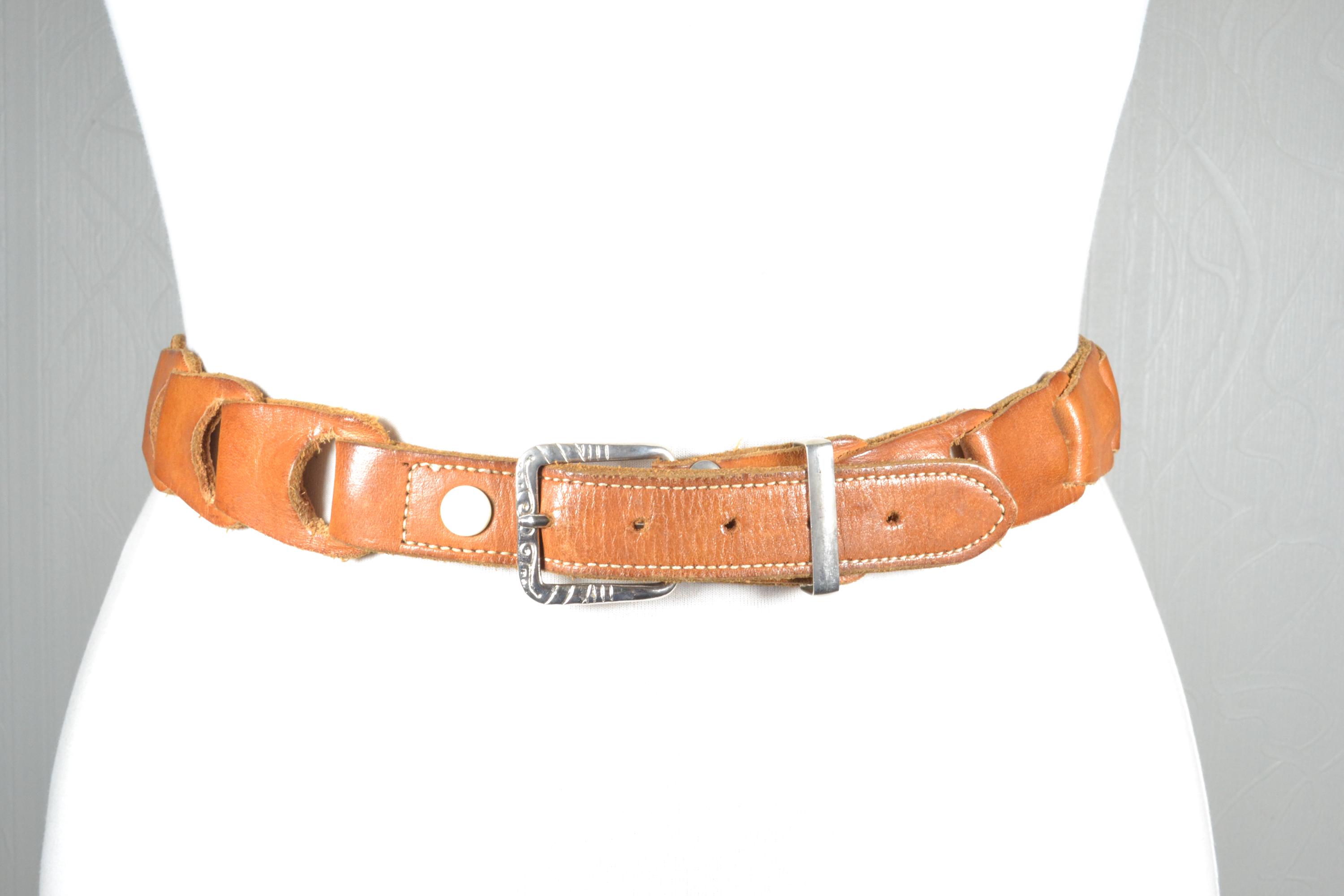 vintage boho leather belt tan braided interwoven silver metal buckle western Wide Braided Leather Belt: Silver Western Buckle, Boho Style  main image 2