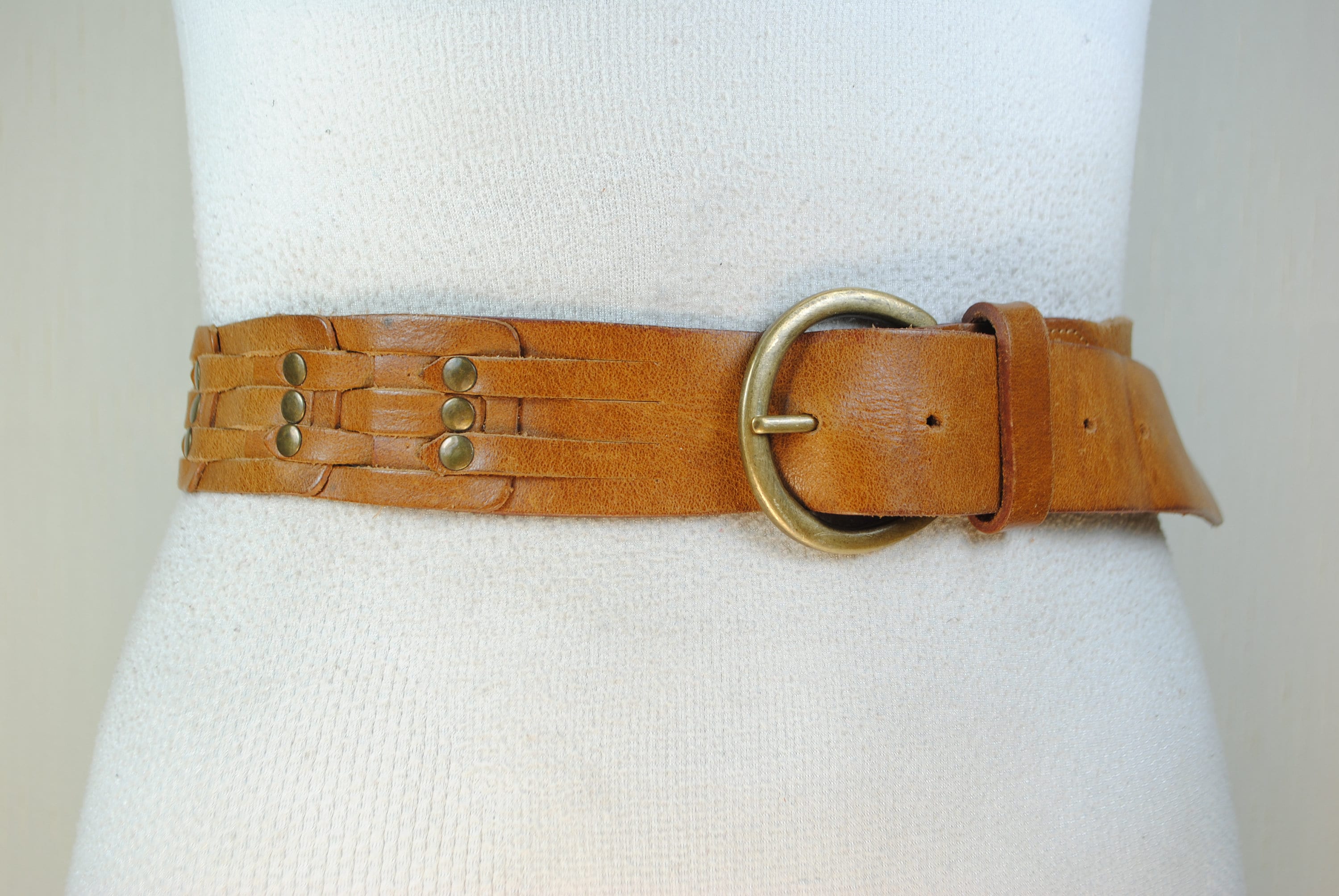 Braided Leather Belt: Skinny Tan Brown With Brass Buckle - Etsy