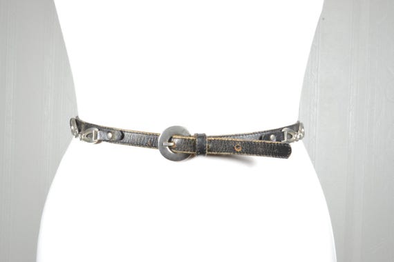 Vintage Skinny Black Leather Belt: Silver Buckle, Metal  display picture 1