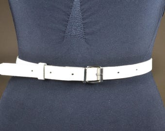 Vintage White Skinny Leather Belt, Minimalist
