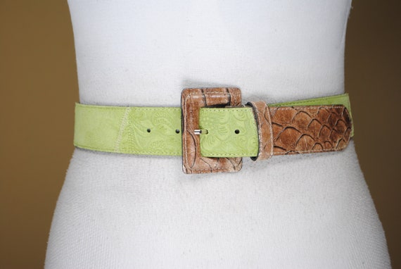 Vintage Wide Embossed Leather Belt - Green & Brown - Etsy display picture 1