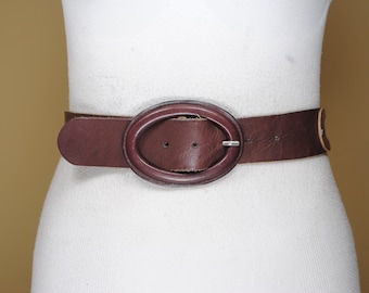 Chocolate Brown Woven Leather Belt for Women with Elegant Oval Buckle, Braided Back Boho Waist Belt, Vintage Rustic Chic Belt