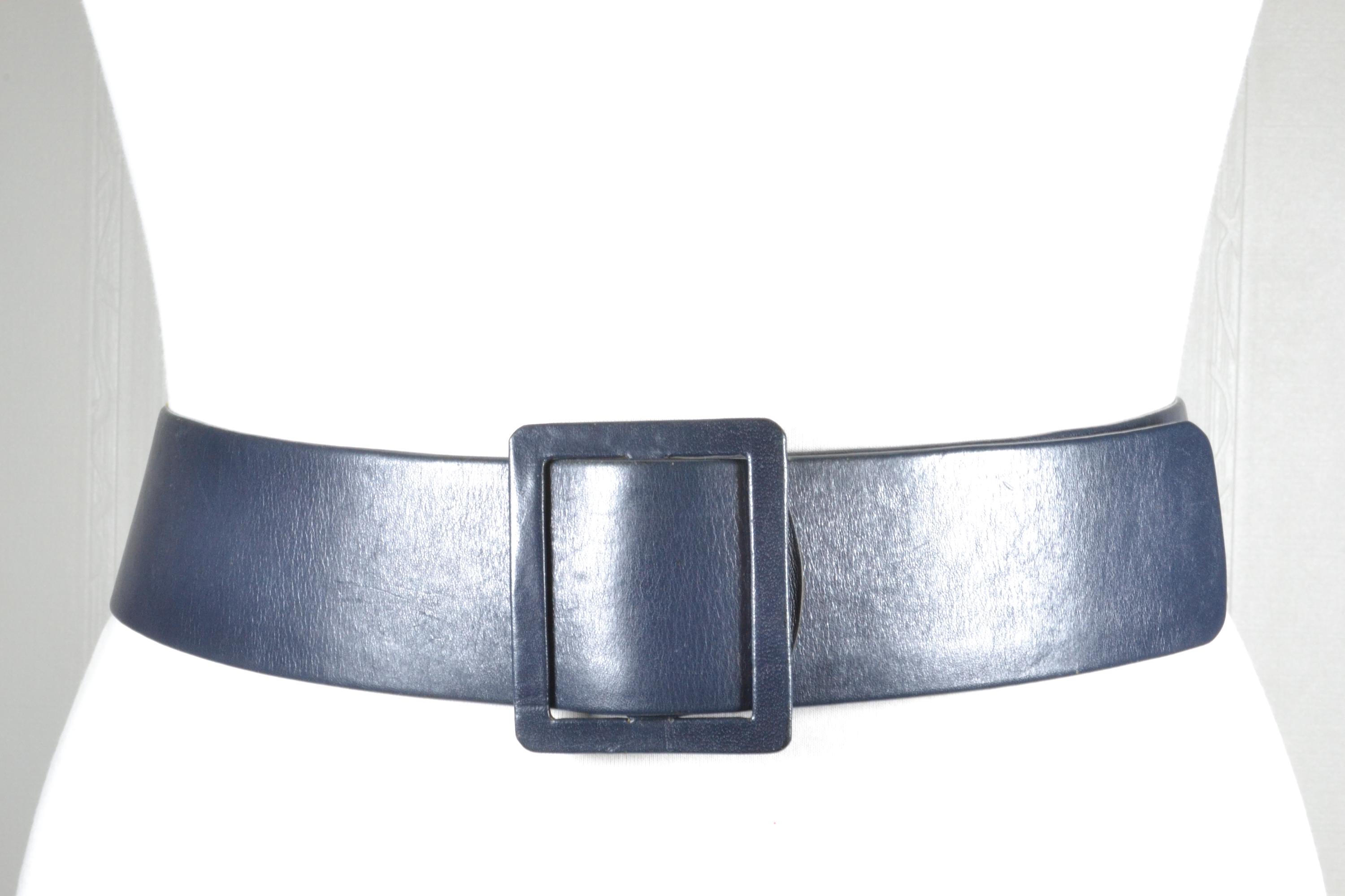 ZAPA Wide Navy Blue Leather Belt Size S Square Buckle 100% Calfskin France Navy/Light Blue Leather Belt 4 | BAZOOKA main image 3