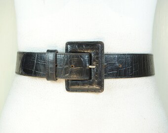 Black Croc Embossed Wide Waist Belt: Square Buckle