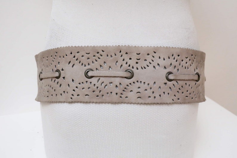 1970s gray suede leather link belt with tie up