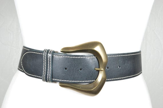 Western Wide Navy Blue Leather Belt With Oversized Brass  display picture 2