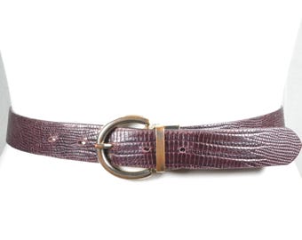 Vintage Burgundy/Maroon Lizard Textured Leather Belt with Sterling Buckle Lizard Skin Pattern | Burgundy Lizard Belt Bonded Leather main image 2
