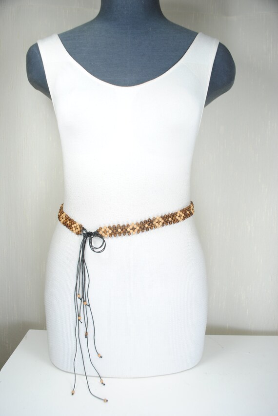 Vintage Brown Wood Bead Tie Belt - Boho Women display picture 1