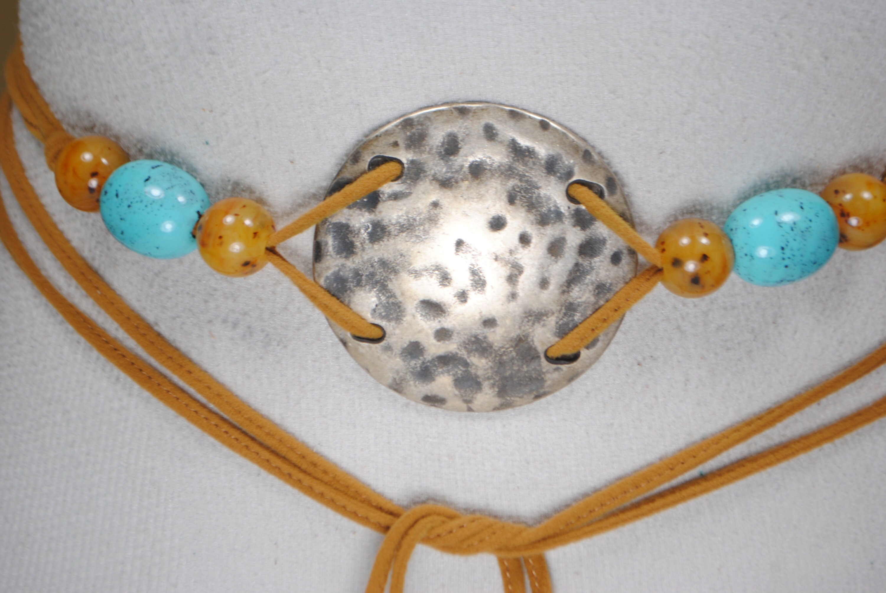 Boho Hammered Plate Tie Belt: Turquoise Beads, Tribal Style  display picture 1