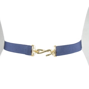 Navy Blue Elastic Belt with Gold Snake Hook Clasp, Blue Elegant Stretch Waist Belt, Blue Retro Fashion Belt for Women