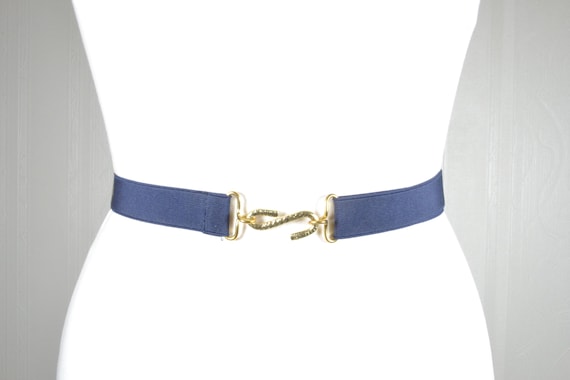 Vintage Navy Blue Elastic Belt: Gold Snake Hook Clasp - Etsy display picture 3
