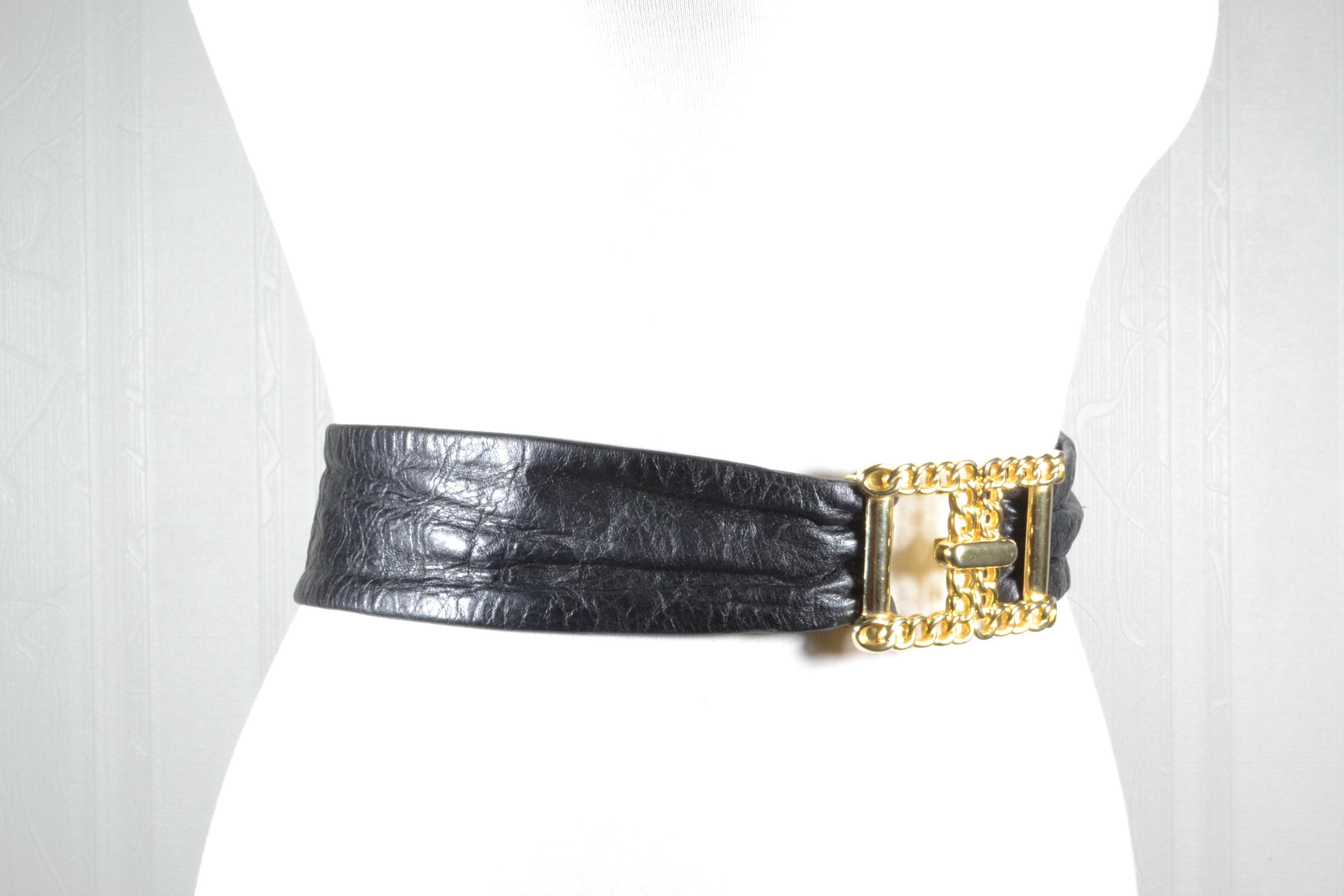 Vintage Richards Leather Belt UK Heavy Gold Buckle Black S M Vintage Elegant Black Leather Belt With Ornate Gold Chain  main image 3