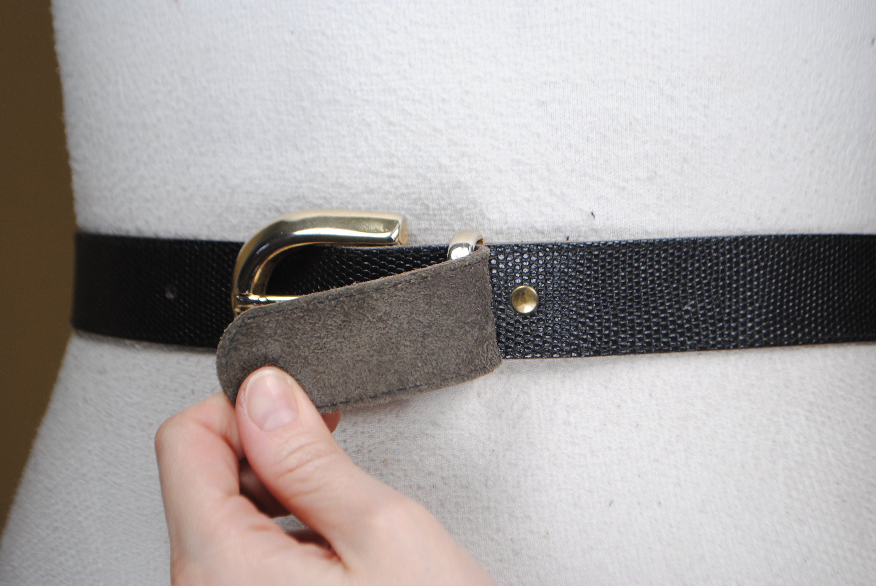 Vintage Black Lizard Embossed Leather Belt With Polished  display picture 1