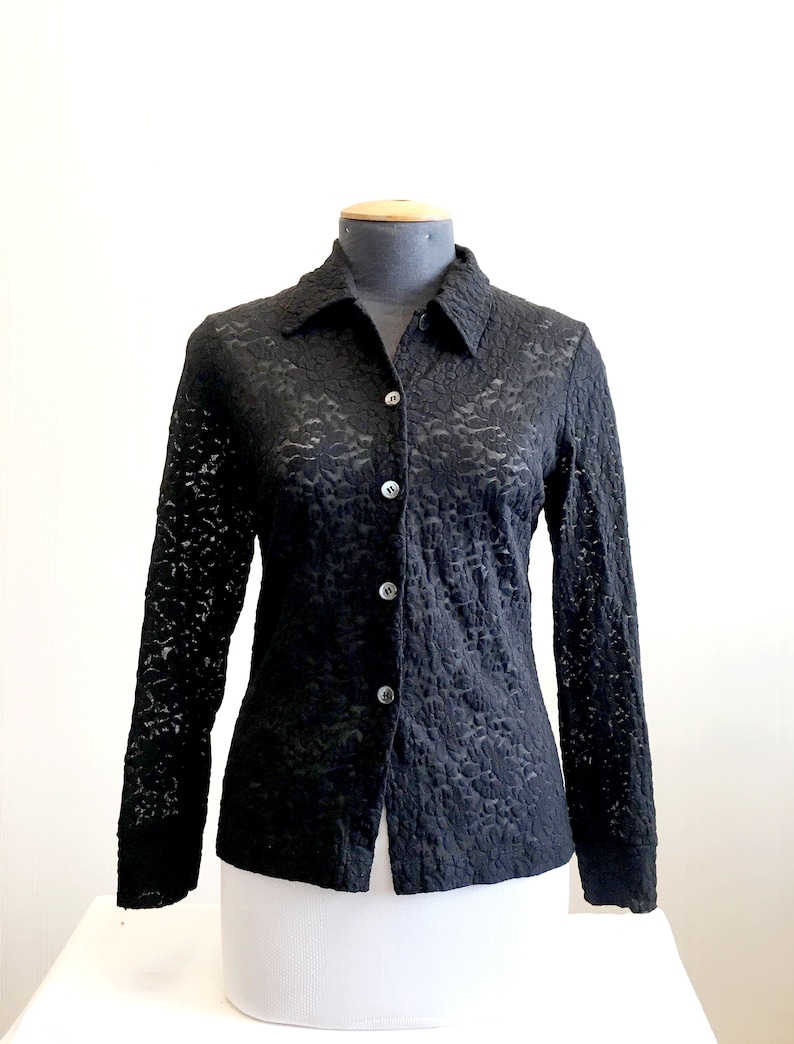 Black see through lace blouse long sleeve size M