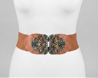 Vintage Tan Stretch Belt: Ornate Silver Buckle, Boho Waist Cincher