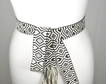 Vintage Black and White Geometric Woven Cotton Belt with Fringe Tassel, Boho tie up