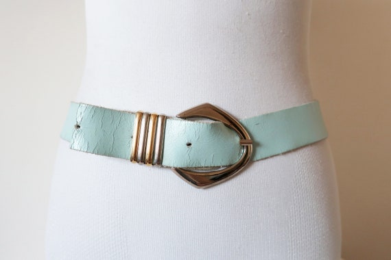 1980s Mint Blue Wide Leather Belt Women With Gold Buckle - Etsy