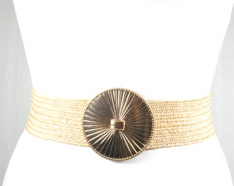 Wide Woven Stretch Belt: Gold Sunburst Buckle, Boho Chic - Etsy display picture 1