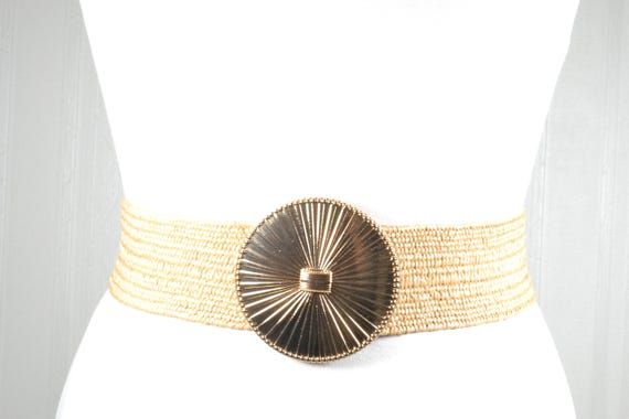Wide Woven Stretch Belt: Gold Sunburst Buckle, Boho Chic - Etsy display picture 3