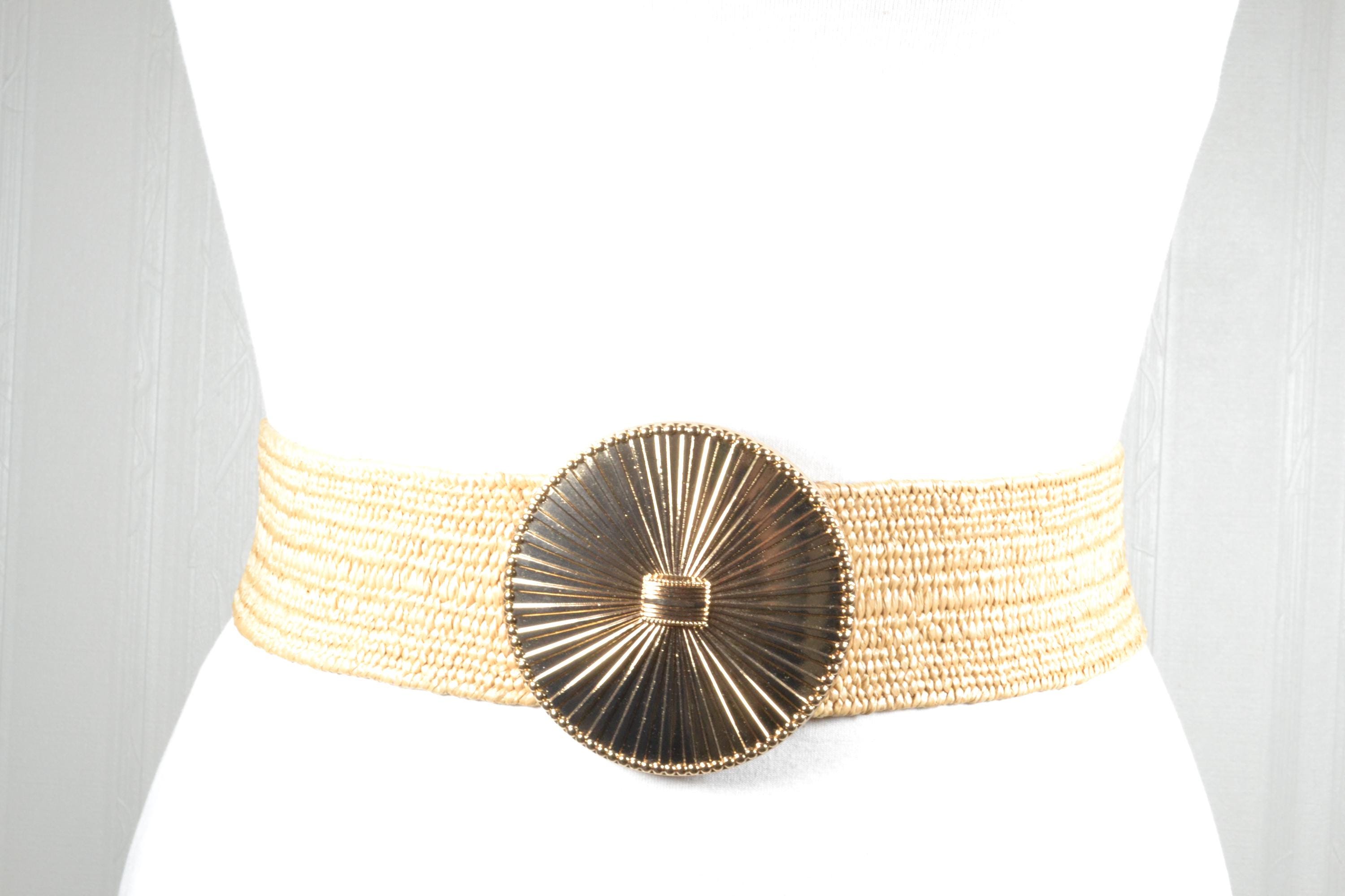 Wide Woven Stretch Belt: Gold Sunburst Buckle, Boho Chic - Etsy display picture 2