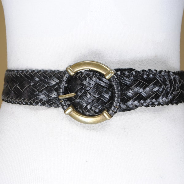 80s,  45'', Vintage Black Wide Woven Belt for women with Round Brass Buckle