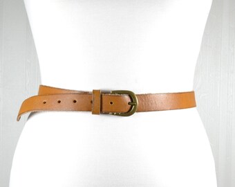 Thin Tan Leather Belt: Bronze Buckle, Vintage Style