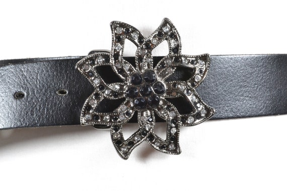 Vintage Black Leather Belt With Floral Silver Buckle - Etsy display picture 1