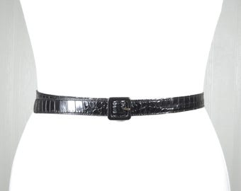 Vintage Schwarz Kroko Präge Leder Skinny Gürtel