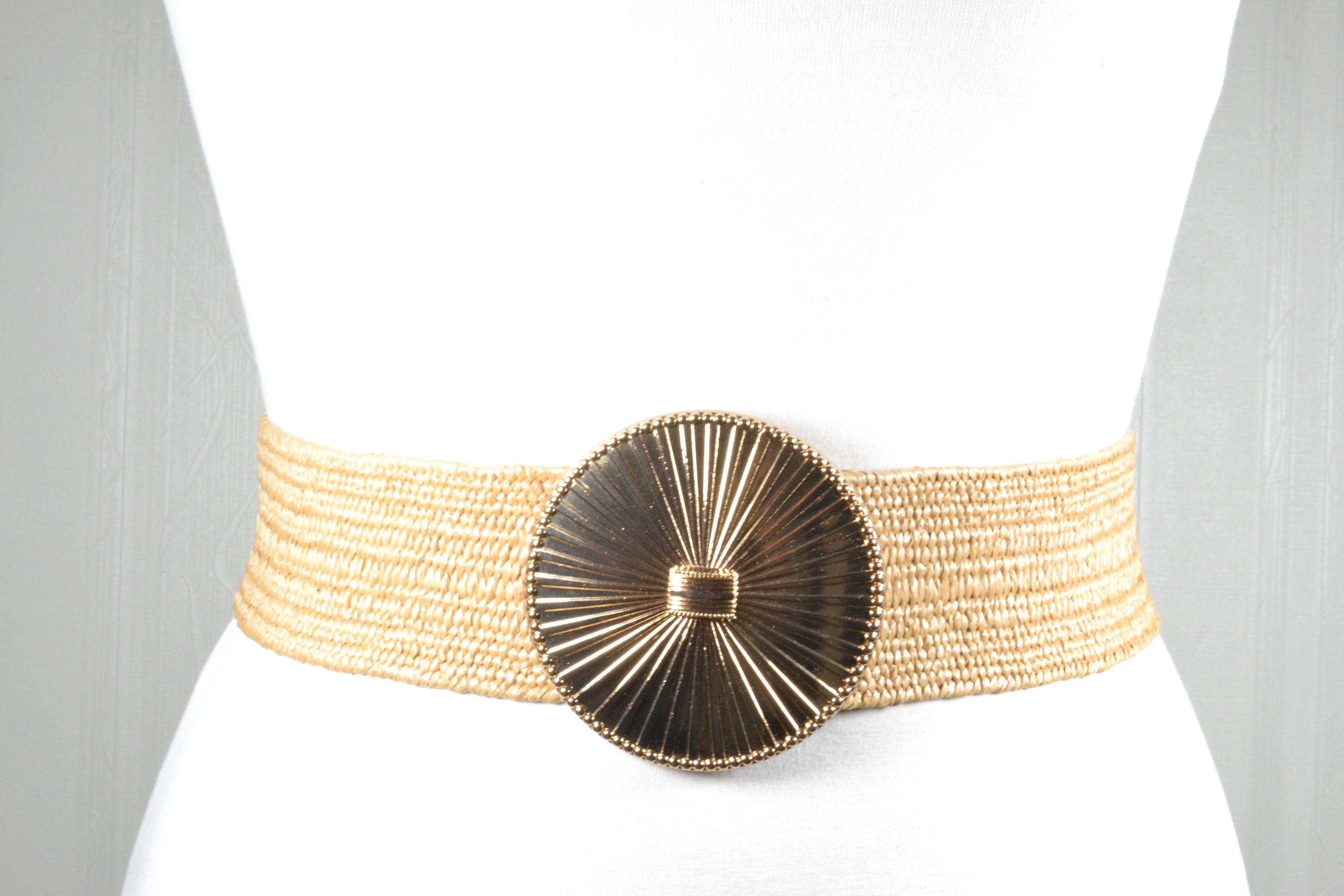Wide Woven Stretch Belt: Gold Sunburst Buckle, Boho Chic - Etsy