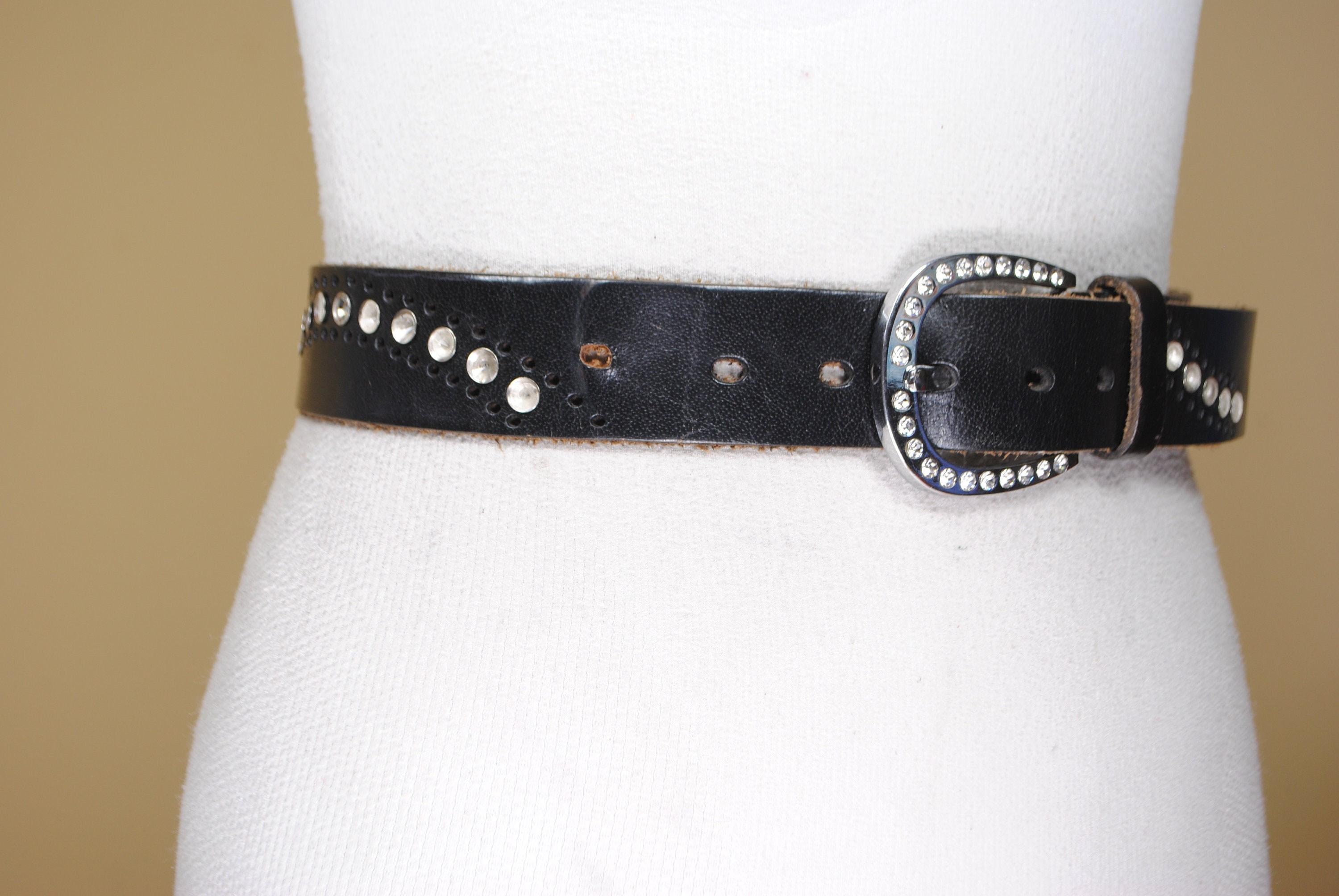 Vintage Western Bling Belt Women\'s Sm Black Leather Faux Marcasite Bead Cowgirl CWCYYDSYY Women main image 2