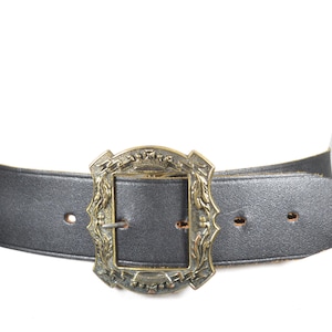 Vintage Wide Black Leather Belt, Ornate Brass Buckle, Statement Western Belt, 80s Waist Black Belt, Boho Gothic Cowgirl Black Belt