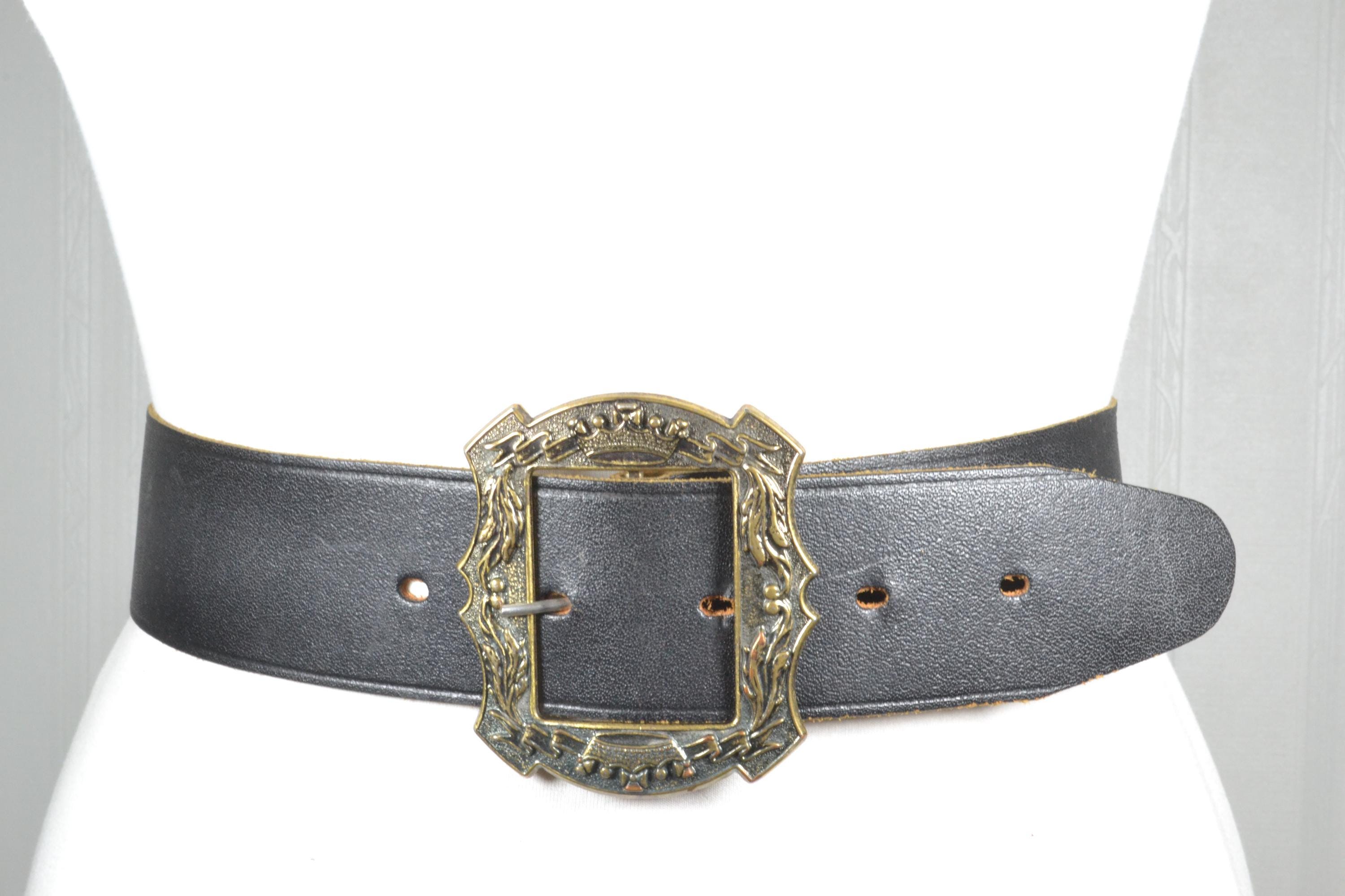 Vintage Wide Black Leather Belt, Ornate Brass Buckle, Boho  display picture 2