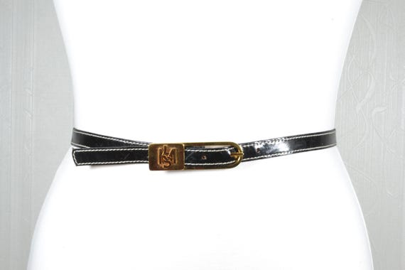 Vintage Skinny Black Leather Belt: Gold Buckle, White Stitch  display picture 1