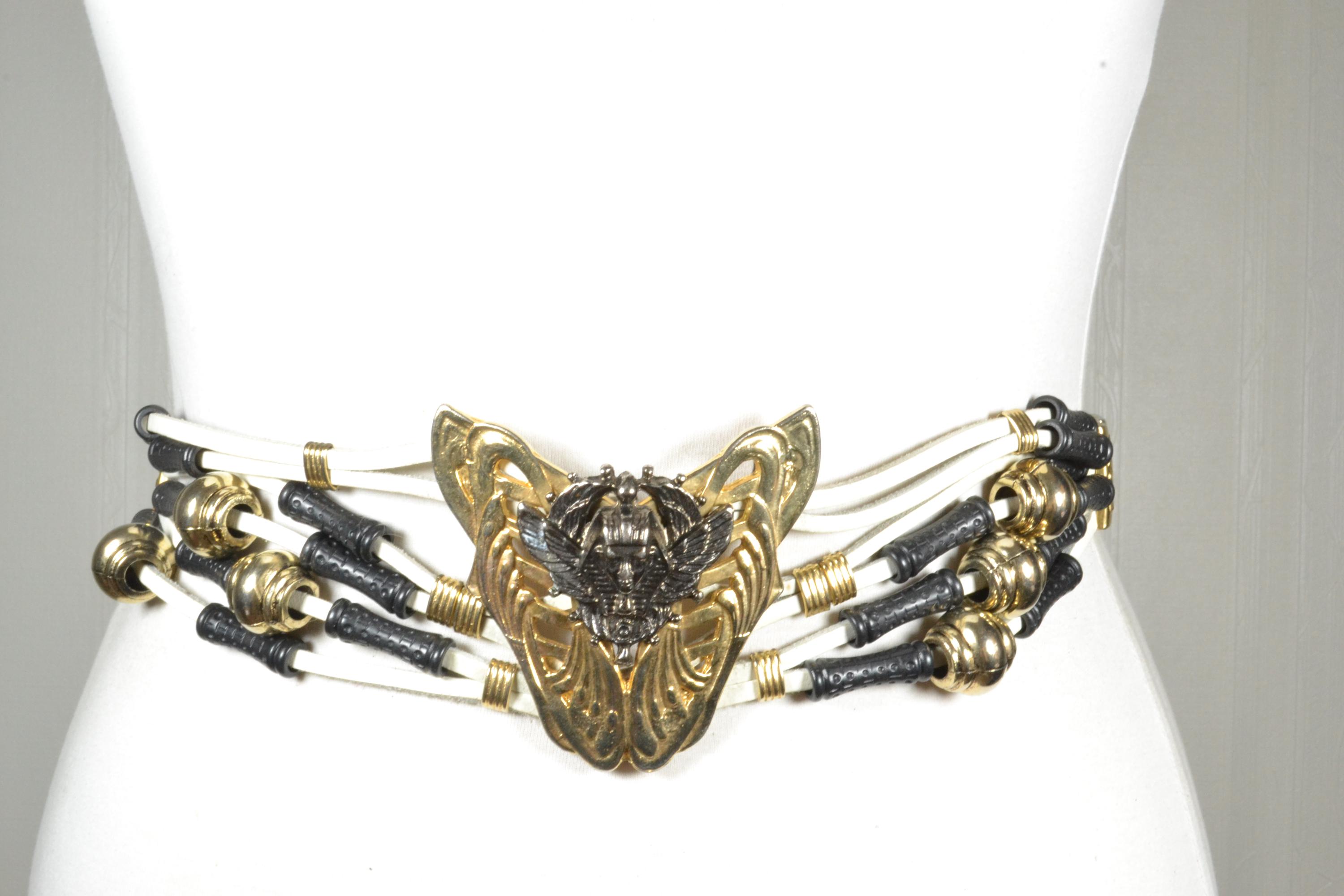 Vintage Avant Garde Wild Man Creature Belt Gold Tone Silver Tone Panel Link Vintage Avant Garde Belt, Gold Medallion, Tribal Waist Belt  main image 2