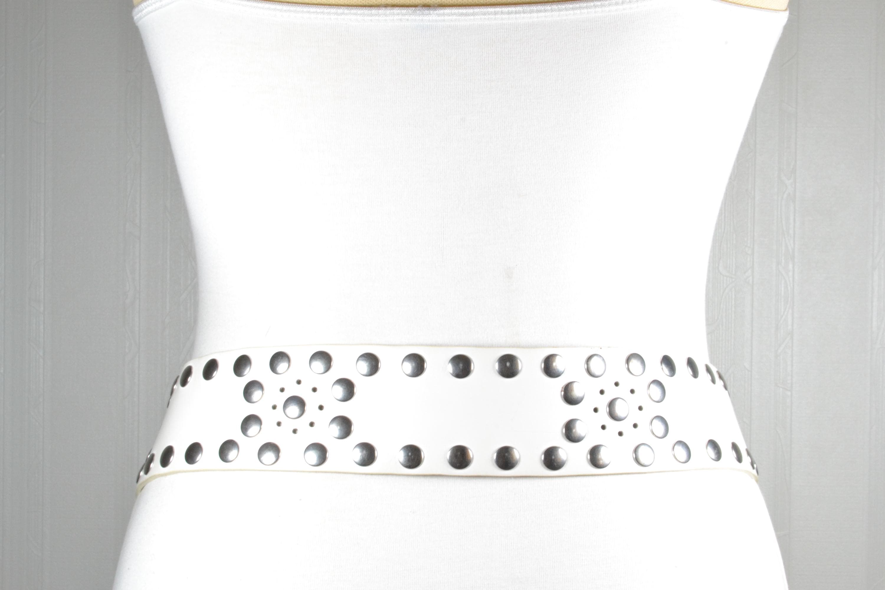 Vintage White Leather Belt: Silver Studs, Ring Buckle, Wide 