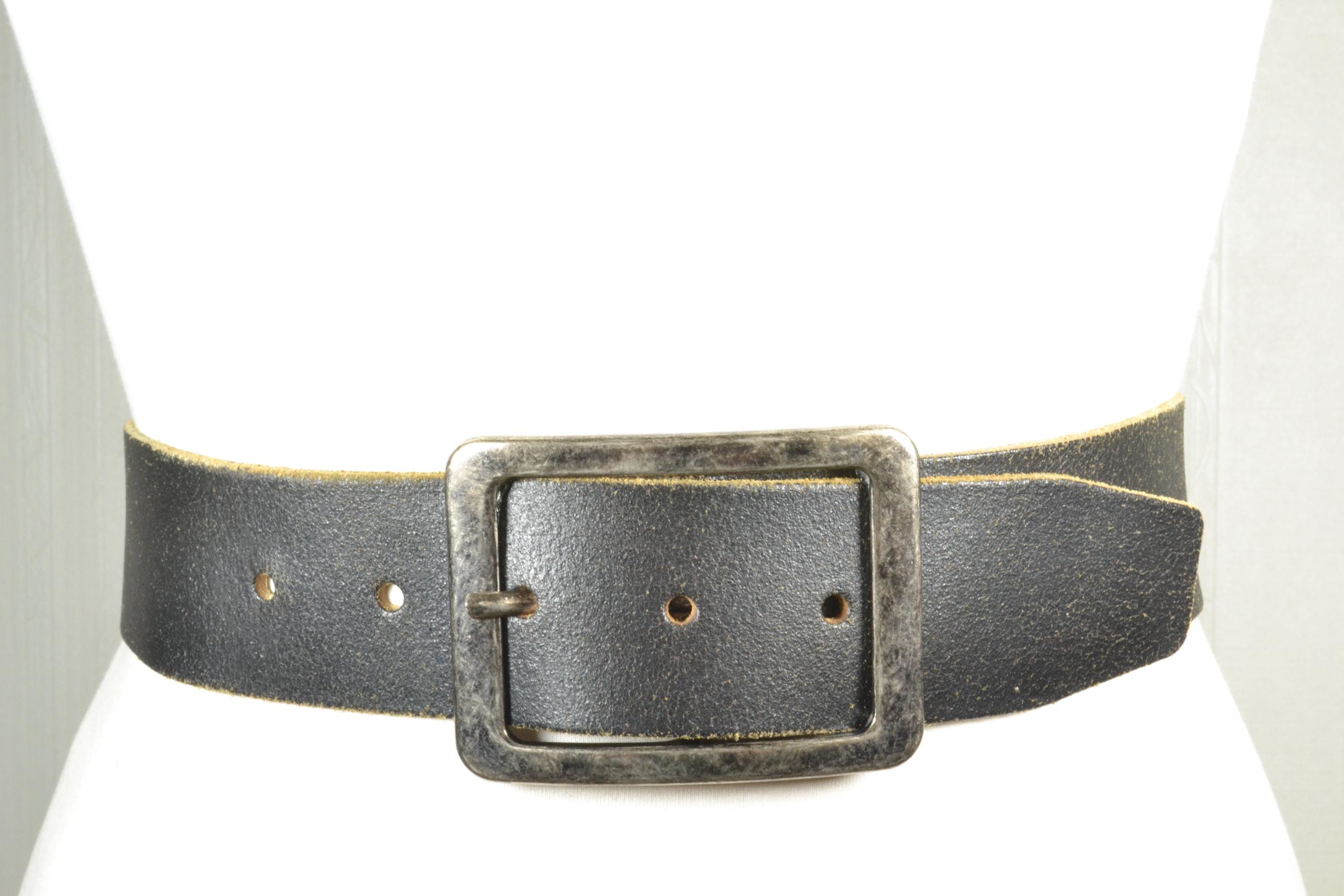 小物 Verica Square leather belt Vintage Black Leather Belt: Wide Square Buckle, Rustic LARP Style