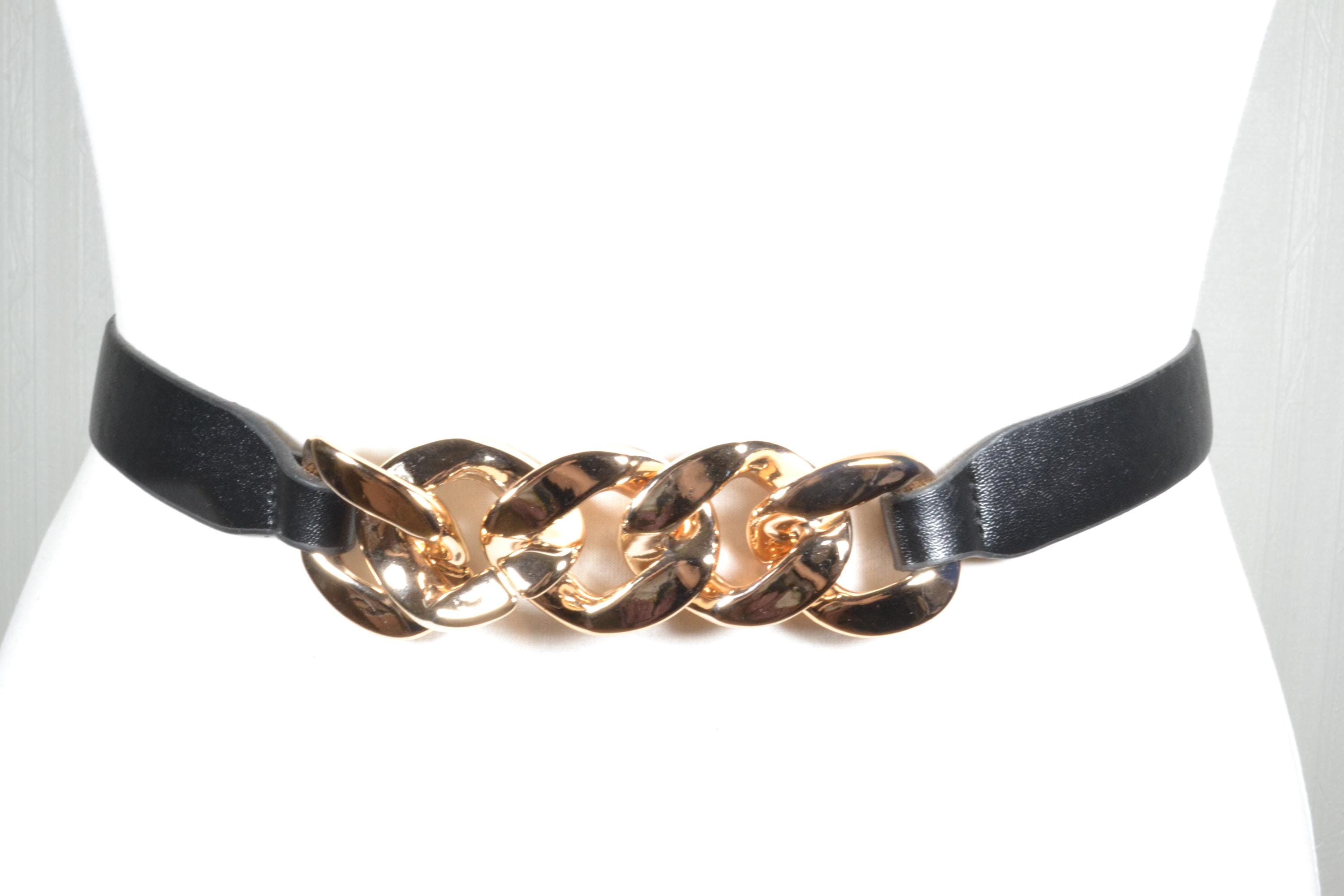 Vintage Black Leather Belt With Gold Chain Link - Elegant 