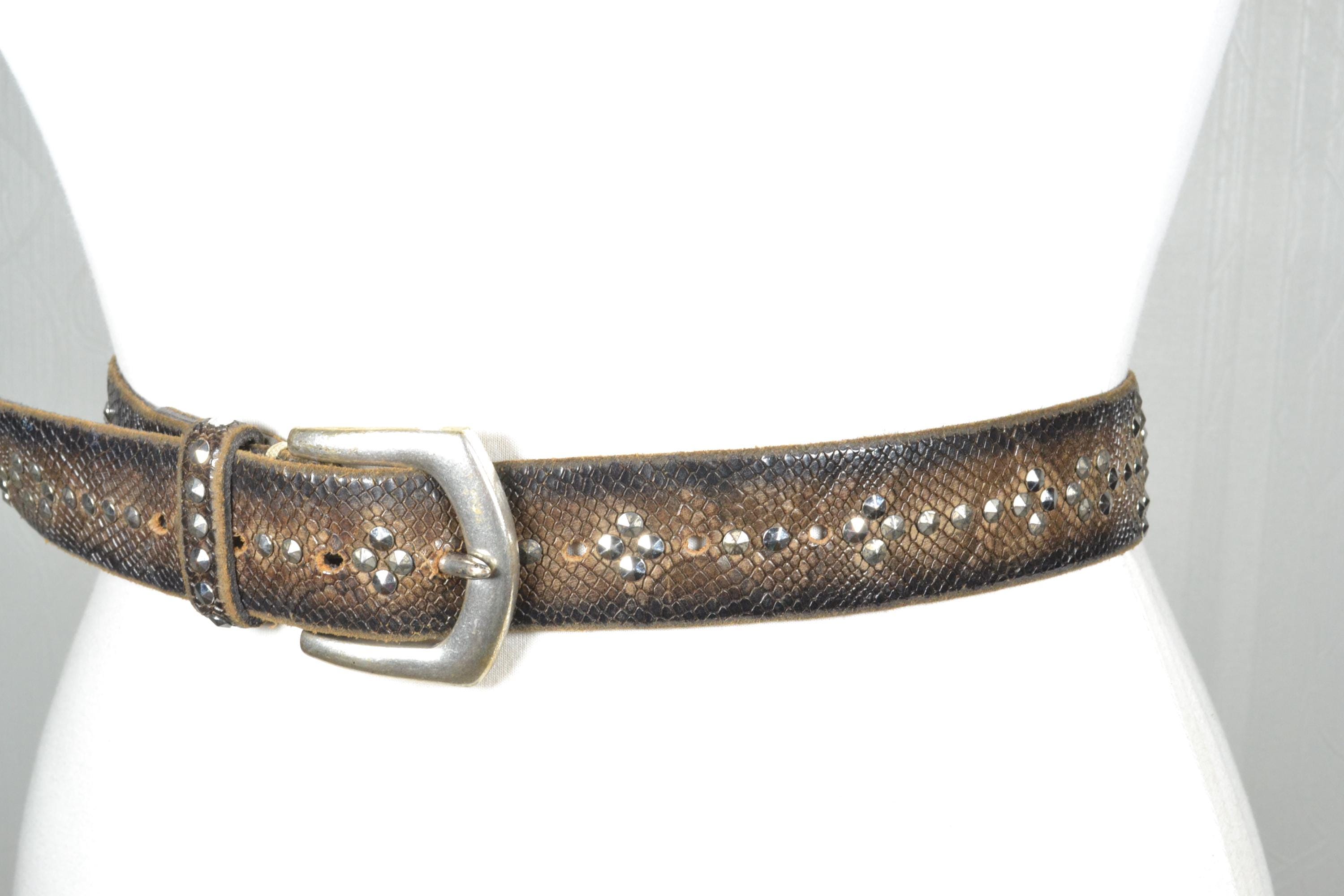 Vintage Western Concho Belt Brown Leather Silver Filigree Studded Boho Statement Belt, A Vintage, Concho, Stamped, Sterling Silver, First  main image 2