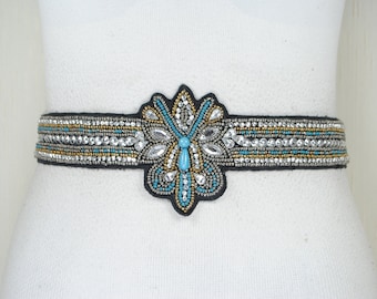 Silver turquoise beaded belt, cosplay waist belt, princess waist belt, medieval belt, queen belt