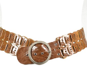 Vintage Brown Leather Cutout Belt: Silver Buckle Waist Belt  display picture 2